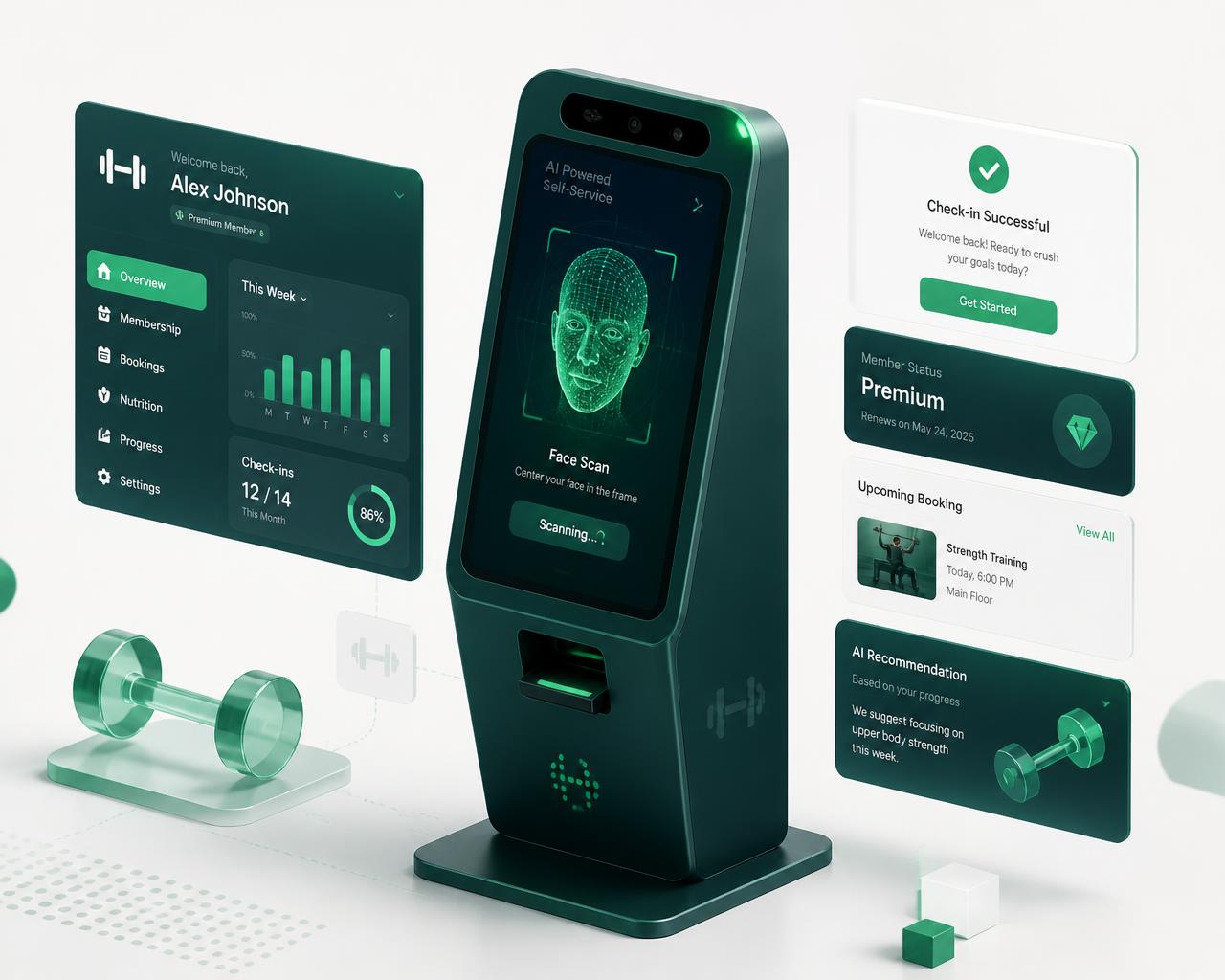 AI-powered gym kiosk with face recognition and management dashboards